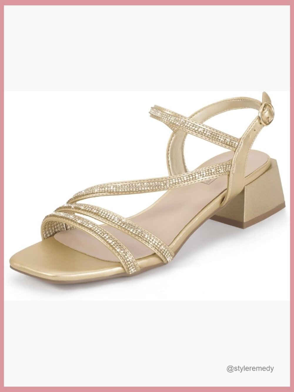 Rhinestone Strappy Block Low Heels for Women Sparkly Dressy Sandals Prom